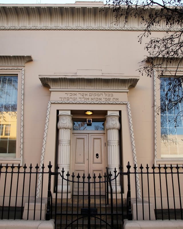 The sandstone facade of the Hobart Synagogue on Argyle Street